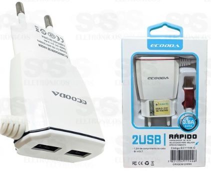 Cabo Carregador Fixo Tipo C com Plug para Tomada com 2 portas USB Rápido 3.6A com Cabo de 1,20m EC11