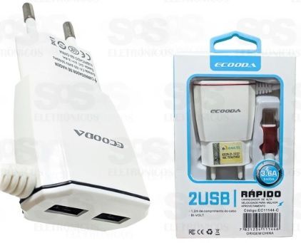 Cabo Carregador USB x Tipo C com plug Tomada com 2 portas USB Rápido 3.6A EC11144-C