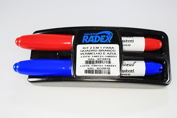 Caneta Pincel para Quadro Branco Radex 2 em 1 Azul+Vermelha+Apagador