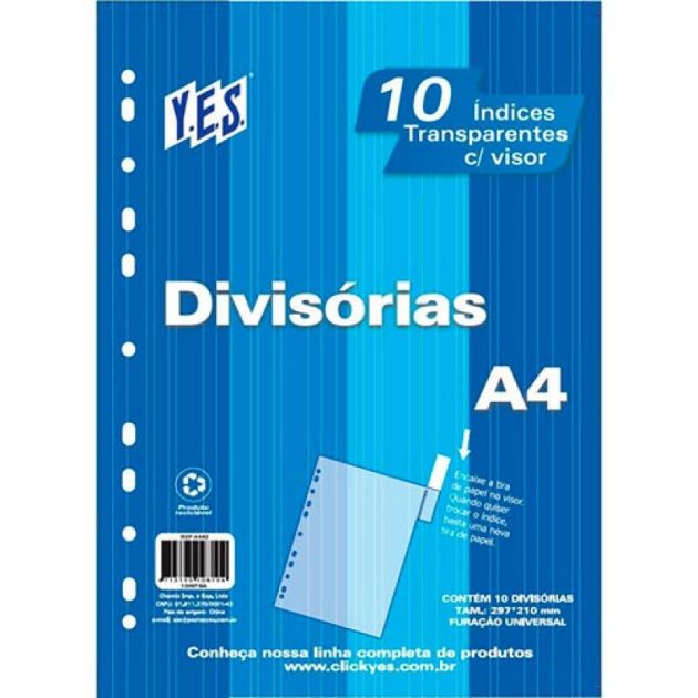 Divisórias para Fichário A4 com 10 Divisões e Visor Transparente Yes
