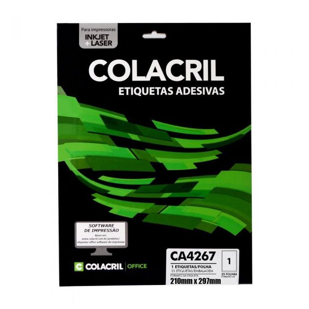 Etiqueta Colacril Inkjet + Laser 1 Etiqueta/folha A4 com 25 folhas Ref. CA4267
