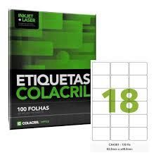 Etiqueta Colacril Inkjet + Laser 18 Etiquetas/folha A4 com 100 folhas Ref.CA4361