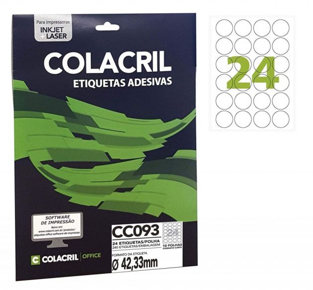 Etiqueta Colacril Inkjet + Laser 24 Etiquetas/folha Redonda Carta com 10 folhas Ref. CC093