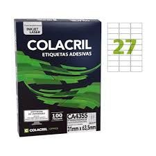 Etiqueta Colacril Inkjet + Laser 27 Etiquetas/folha A4com 100 folhas Ref. CA4355