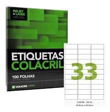 Etiqueta Colacril Inkjet + Laser 33 Etiqeutas/folha A4 com 100 folhas Ref. CA4356