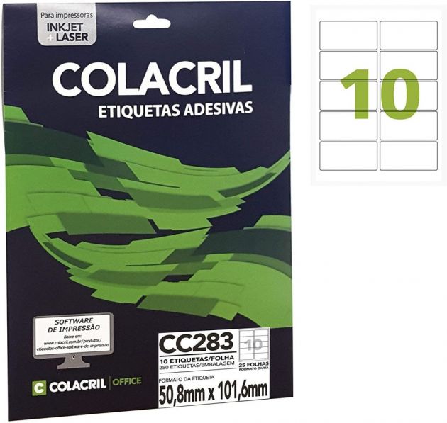 Etiqueta Colacril Inkjet + Laser 10 Etiquetas/folha Carta com 25 folhas CC283