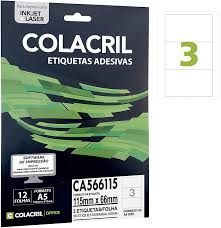 Etiqueta Colacril Inkjet + Laser 3 Etiquetas/folha A5 com 12 folhas Ref. CA5 66115