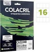 Etiqueta Colacril Inkjet + Laser 16 Etiquetas/folha A5 com 12 folhas Ref. CA5 3348
