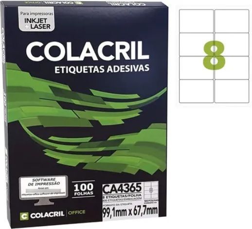 Etiqueta Colacril Inkjet + Laser 08 Etiquetas/folha A4 com 100 folhas Ref. CA4365