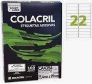 Etiqueta Colacril Inkjet + Laser 22 Etiquetas/folha A4 com 100 folhas Ref. CA4354