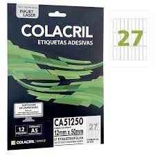 Etiqueta Colacril Inkjet + Laser 27 Etiquetas/folha A5 com 12 folhas Ref. CA5 1250
