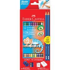 Lápis de Cor Faber Castell Bicolor com 12 Cores = 24 Cores + 2 Ecolápis Preto + 1 Apontador + 1 Borr
