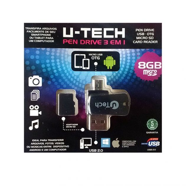 Pen Drive 8gb Utech 3em1 Micro USB OTG + Micro SD PDOTG Preto