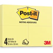 Recado Adesivo, Post-it, 38mm x 50 mm, 4 blocos, 100 folhas cada, 3M - Amarelo