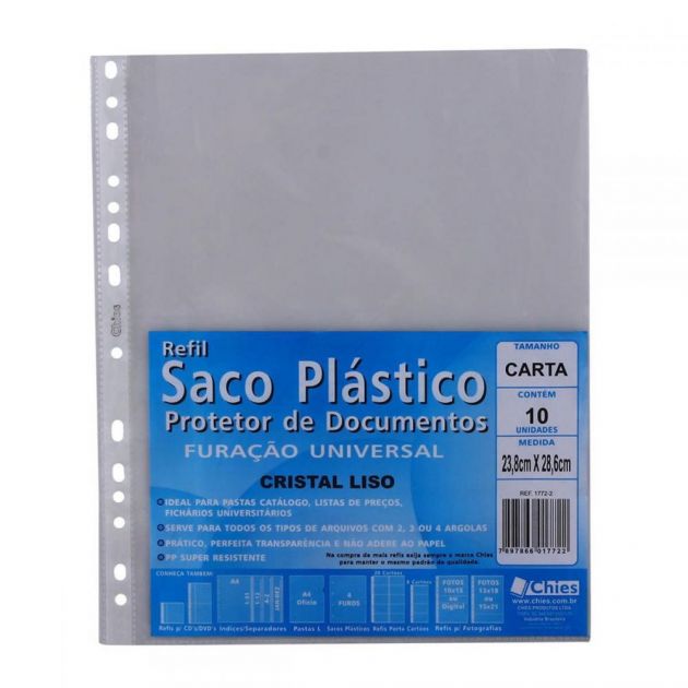 Saco Plástico Refil Carta com Furação Universal com 10 unidades Chies